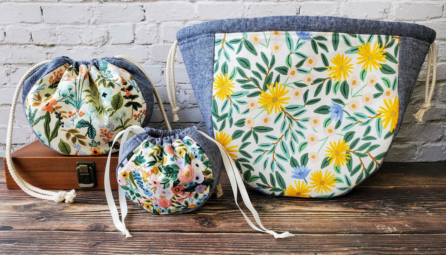 Saori Drawstring Pouch PDF sewing pattern + video tutorial: 3 sizes