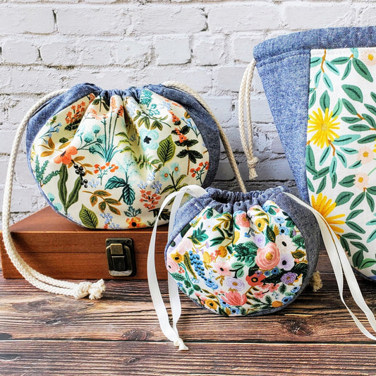 Saori Drawstring Pouch PDF sewing pattern + video tutorial: 3 sizes